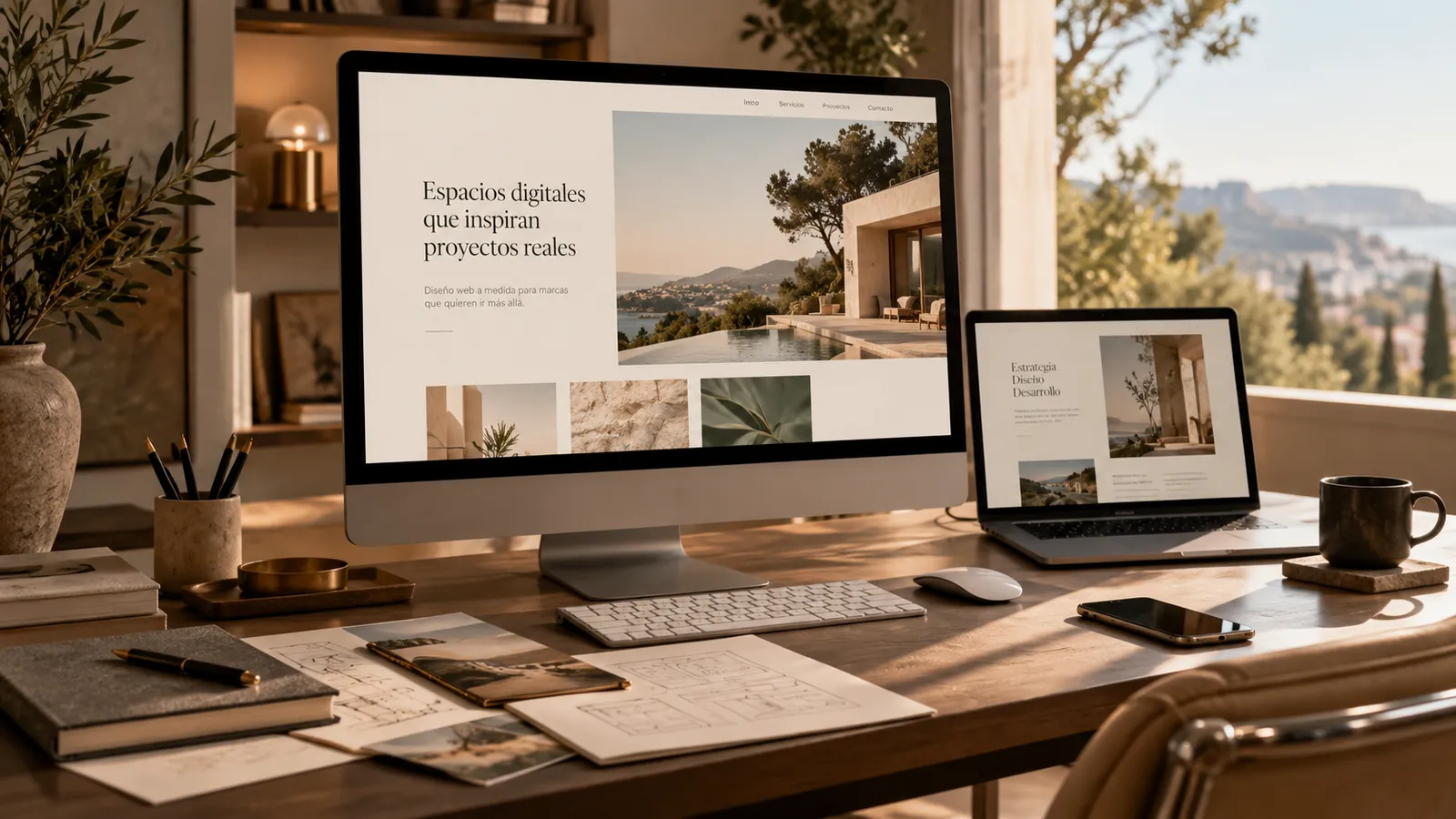 Escritorio con una página web a medida abierta en pantalla